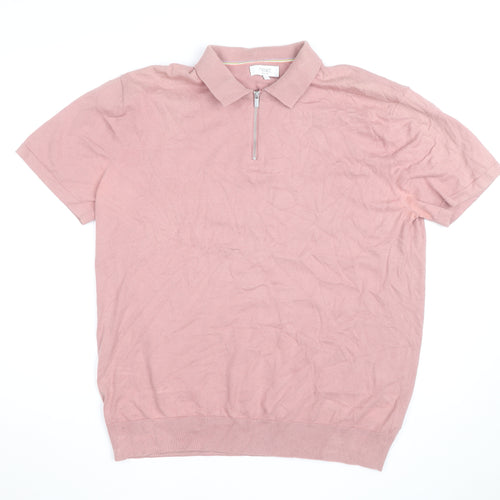 Next Men's Pink Cotton 1/4 Zip Polo Shirt XL Classic Fit