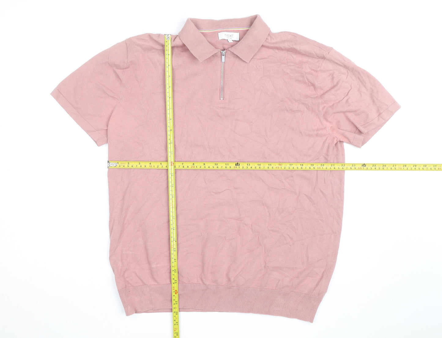 Next Men's Pink Cotton 1/4 Zip Polo Shirt XL Classic Fit