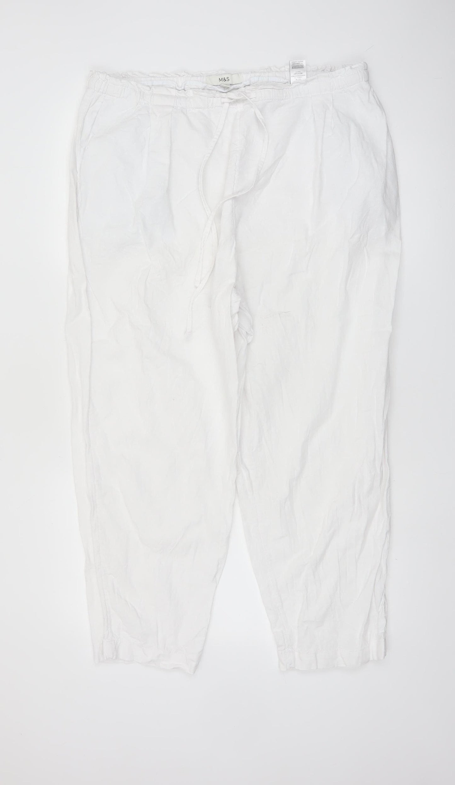 Marks and Spencer Women White Linen Blend Elastic Waist Trousers Size 18 Regular