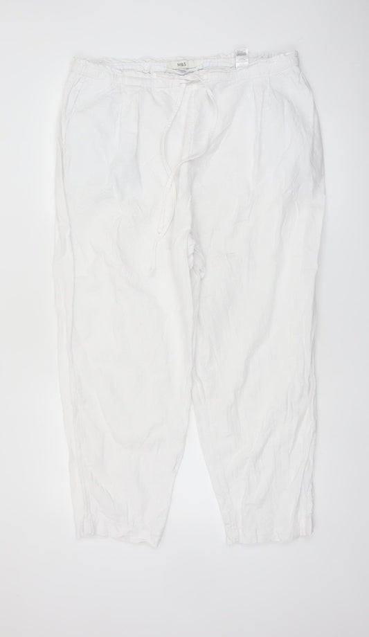Marks and Spencer Women White Linen Blend Elastic Waist Trousers Size 18 Regular