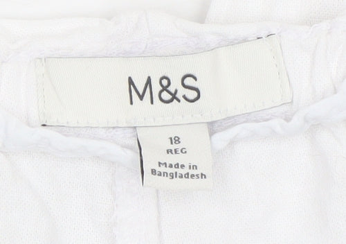Marks and Spencer Women White Linen Blend Elastic Waist Trousers Size 18 Regular