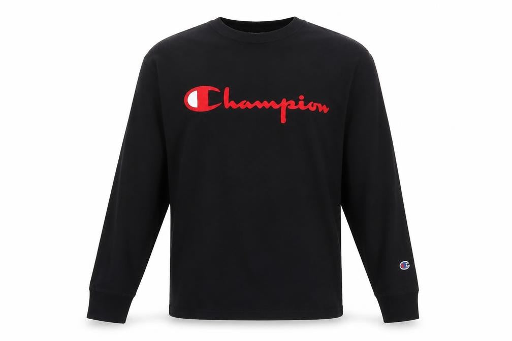 Front view of Champion Men's Black Small Long Sleeve Cotton Casual Top