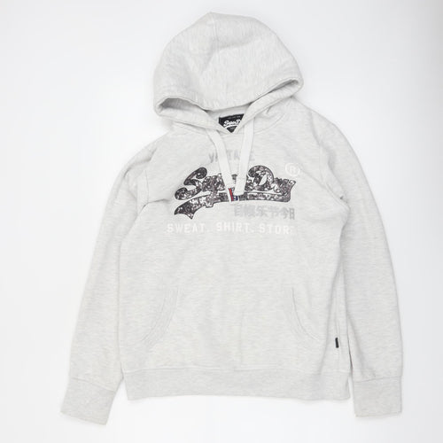 Superdry Womens Grey Logo Hoodie UK 14 Pullover Casual Sweatshirt