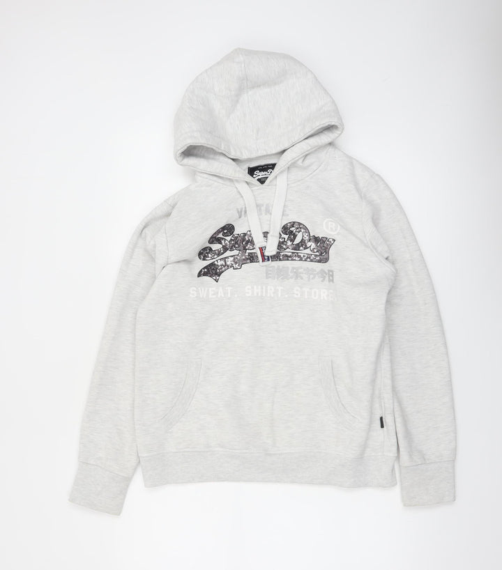 Superdry Womens Grey Logo Hoodie UK 14 Pullover Casual Sweatshirt
