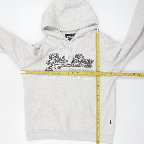 Superdry Womens Grey Logo Hoodie UK 14 Pullover Casual Sweatshirt