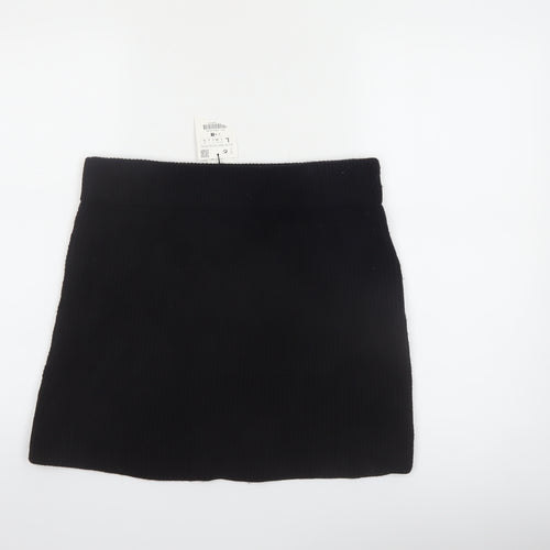 Zara Women Black Knit Mini Skirt Size 14 High Rise Short Viscose Blend