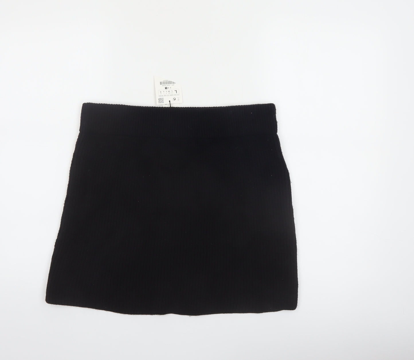 Zara Women Black Knit Mini Skirt Size 14 High Rise Short Viscose Blend