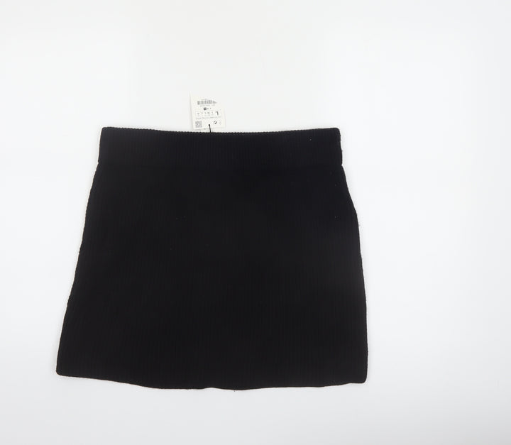 Zara Women Black Knit Mini Skirt Size 14 High Rise Short Viscose Blend