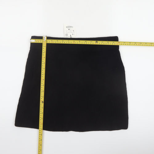 Zara Women Black Knit Mini Skirt Size 14 High Rise Short Viscose Blend
