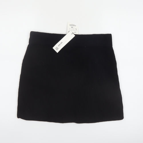 Zara Women Black Knit Mini Skirt Size 14 High Rise Short Viscose Blend