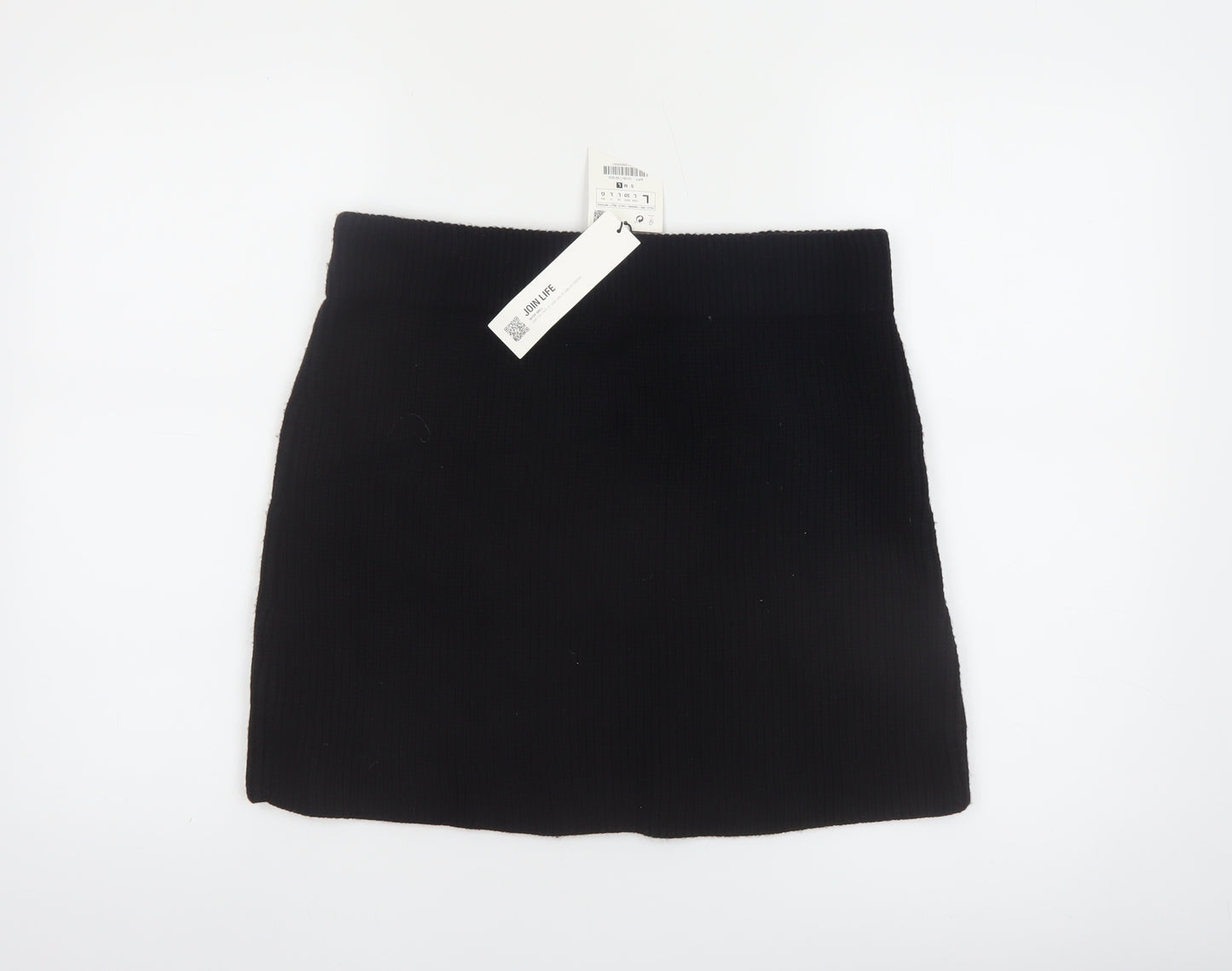 Zara Women Black Knit Mini Skirt Size 14 High Rise Short Viscose Blend