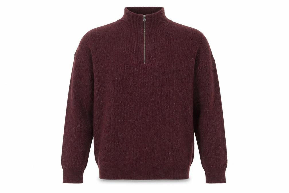 Front view of Modern Ambition Men's Red 1/2 Zip High Neck Knit Jumper, size L