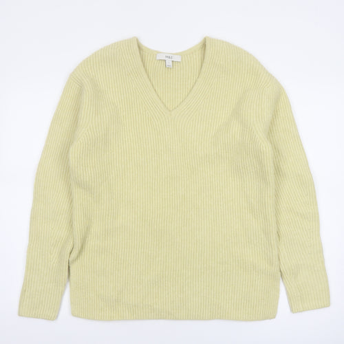 Marks and Spencer Women’s Yellow V-Neck Ribbed Knit Jumper Size S