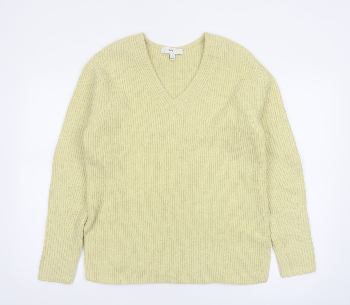 Marks and Spencer Women’s Yellow V-Neck Ribbed Knit Jumper Size S