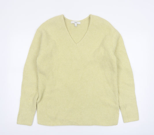 Marks and Spencer Women’s Yellow V-Neck Ribbed Knit Jumper Size S