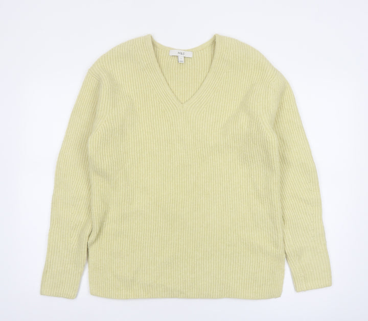 Marks and Spencer Women’s Yellow V-Neck Ribbed Knit Jumper Size S