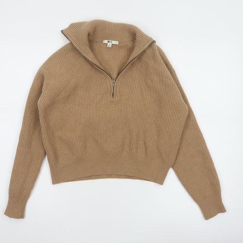 Uniqlo Women Beige 100% Wool Half Zip Jumper XS Classic Knit