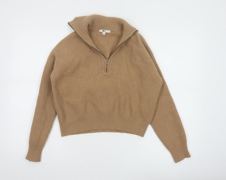 Uniqlo Women Beige 100% Wool Half Zip Jumper XS Classic Knit