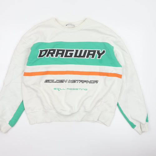 Zara Womens White Green Graphic Pullover Sweatshirt Size 14