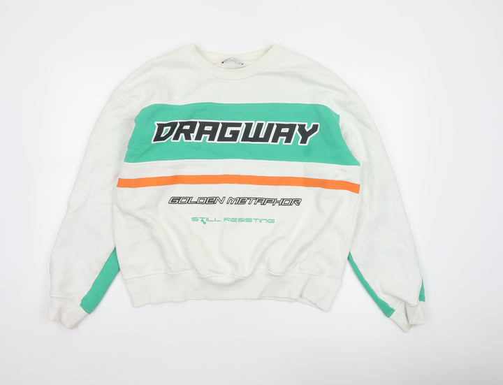 Zara Womens White Green Graphic Pullover Sweatshirt Size 14