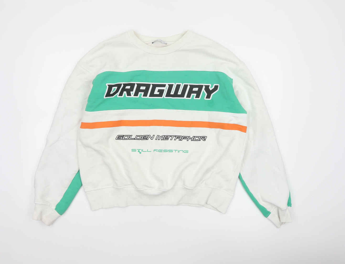 Zara Womens White Green Graphic Pullover Sweatshirt Size 14