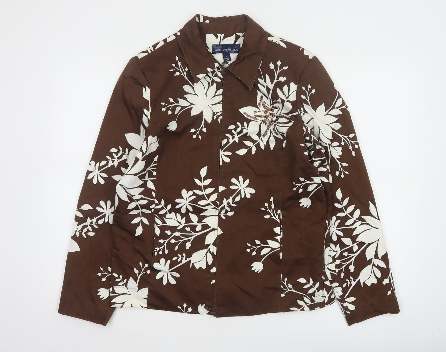 Susan Graver Women Brown Floral Cotton Jacket Size S Casual