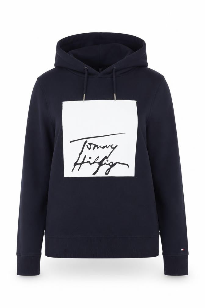 Front view of Tommy Hilfiger Women's Navy Pullover Hoodie, size S, Cotton Logo Sweatshirt
