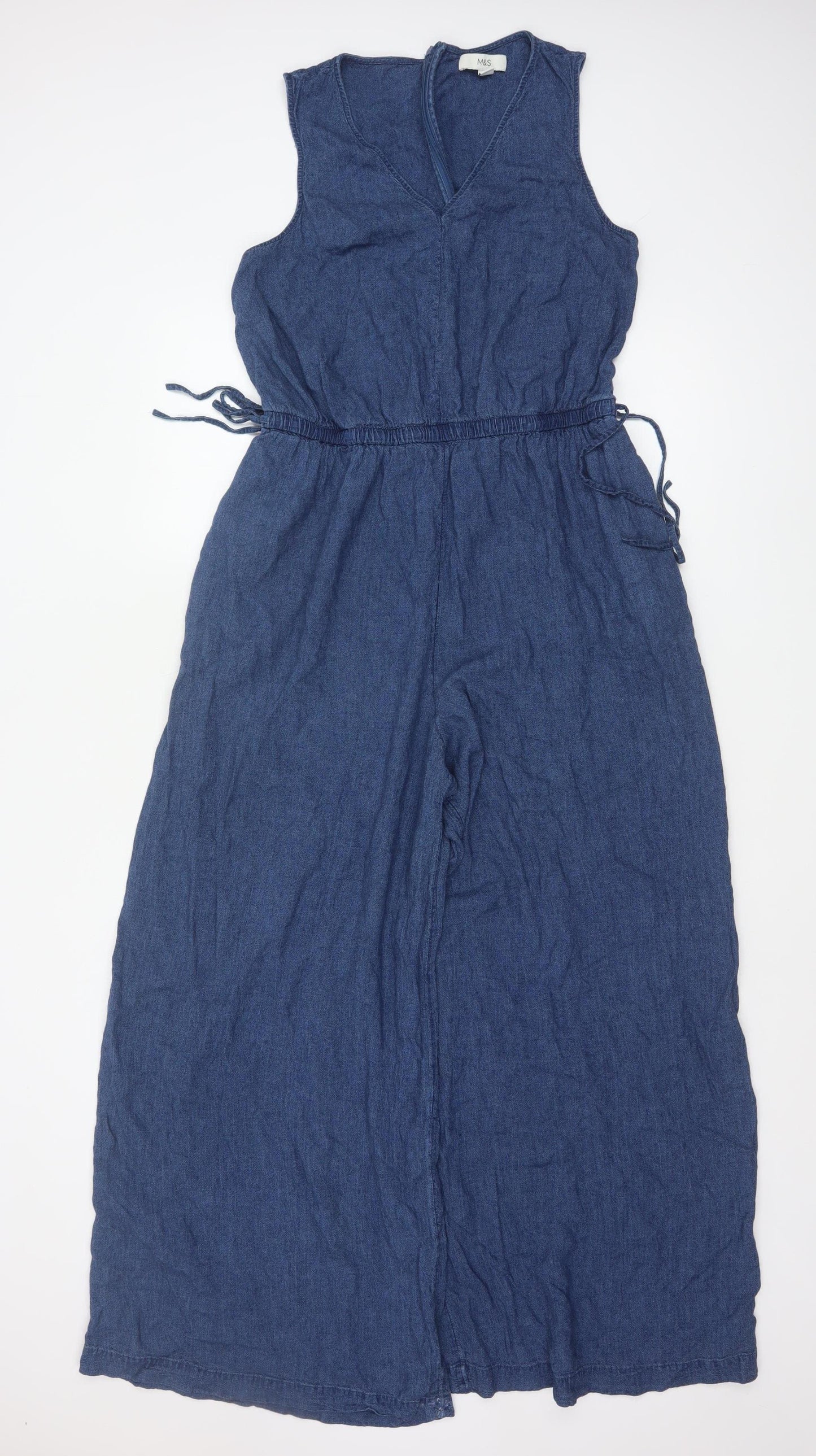 Marks and Spencer Women Blue Linen Blend Sleeveless Jumpsuit Size 12 Regular