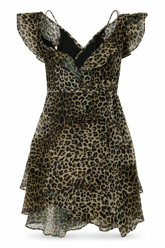 Front view of AllSaints women’s leopard brown midi wrap dress, size UK 10