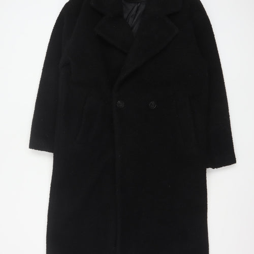 Primark Women’s Black Long Overcoat Size 10 Classic Buttoned Polyester