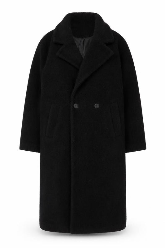 Front view of Primark Women’s Black Long Overcoat, size UK 10, Classic Buttoned Polyester