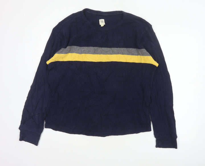 GAP Men's Blue Long Sleeve Colourblock Cotton Top Size L
