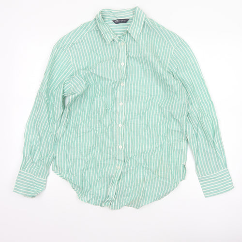 Marks and Spencer Women’s Green Striped Cotton Long Sleeve Button-Up Shirt Size 8