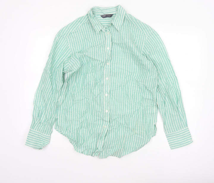 Marks and Spencer Women’s Green Striped Cotton Long Sleeve Button-Up Shirt Size 8
