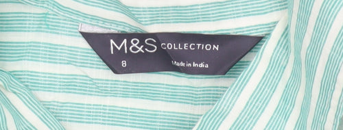 Marks and Spencer Women’s Green Striped Cotton Long Sleeve Button-Up Shirt Size 8
