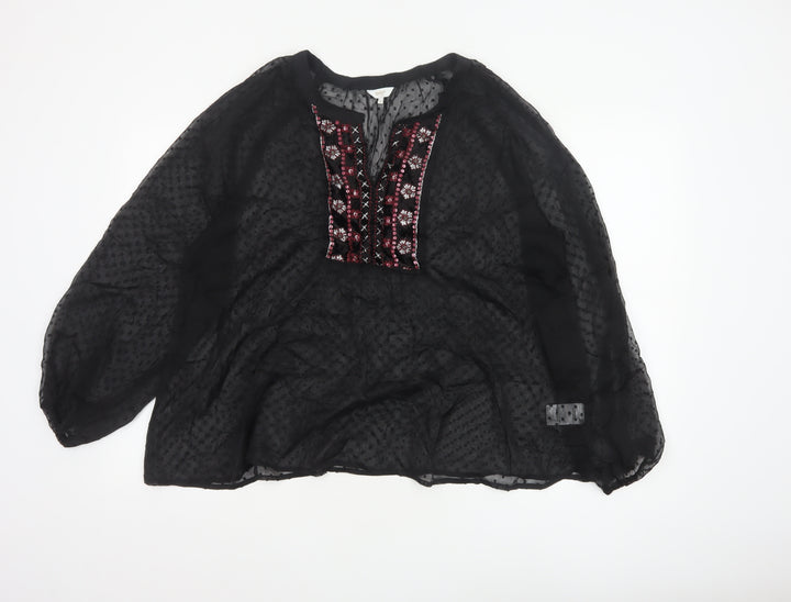 Cotton Traders Women’s Black Embroidered Bohemian Chiffon Blouse Size 20