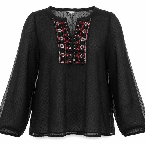 Cotton Traders Women’s Black Embroidered Bohemian Chiffon Blouse Size 20