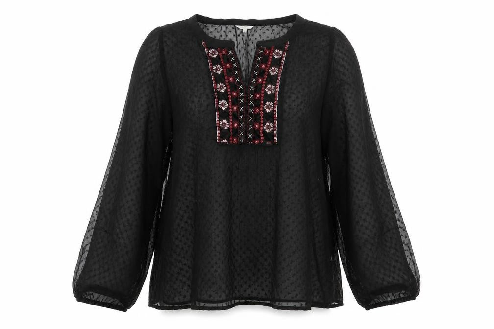 Cotton Traders Women’s Black Embroidered Bohemian Chiffon Blouse Size 20