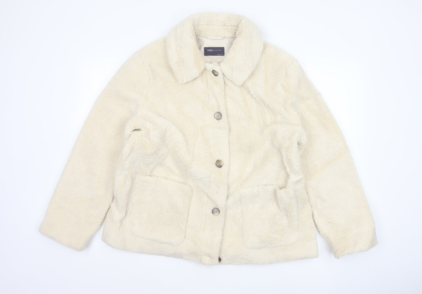 Marks and Spencer Women Beige Faux Fur Button Jacket Size 14