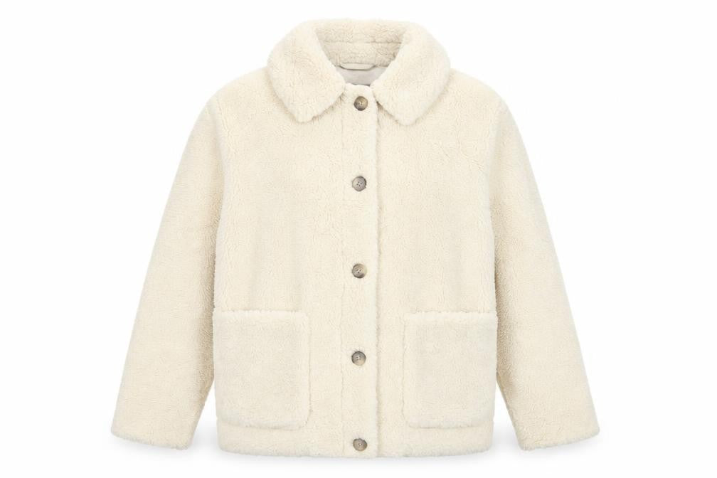 Front view of Marks & Spencer Women Beige Faux Fur Button Jacket, size 14