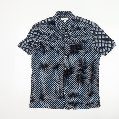 Marks and Spencer Men's Blue Geometric Short Sleeve Button-Up Shirt M