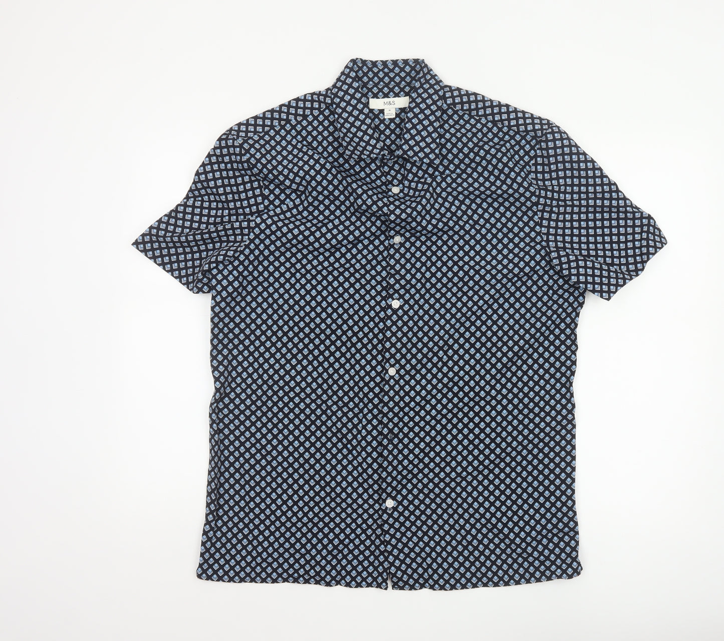 Marks and Spencer Men's Blue Geometric Short Sleeve Button-Up Shirt M