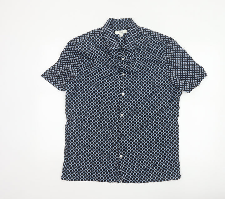 Marks and Spencer Men's Blue Geometric Short Sleeve Button-Up Shirt M