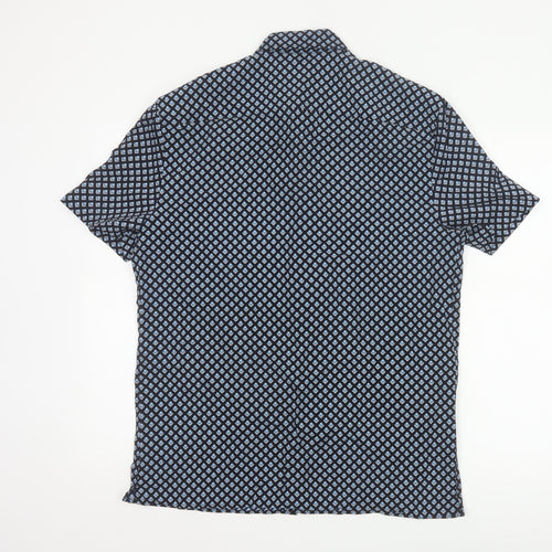 Marks and Spencer Men's Blue Geometric Short Sleeve Button-Up Shirt M