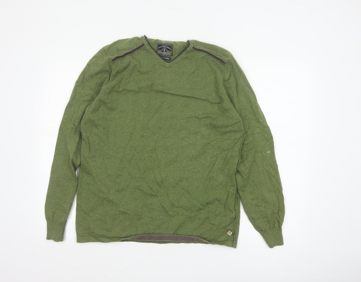 White Stuff Men's Green Cotton Cashmere V-Neck Jumper Size L