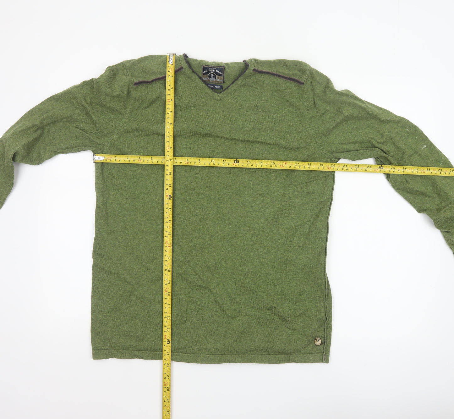 White Stuff Men's Green Cotton Cashmere V-Neck Jumper Size L