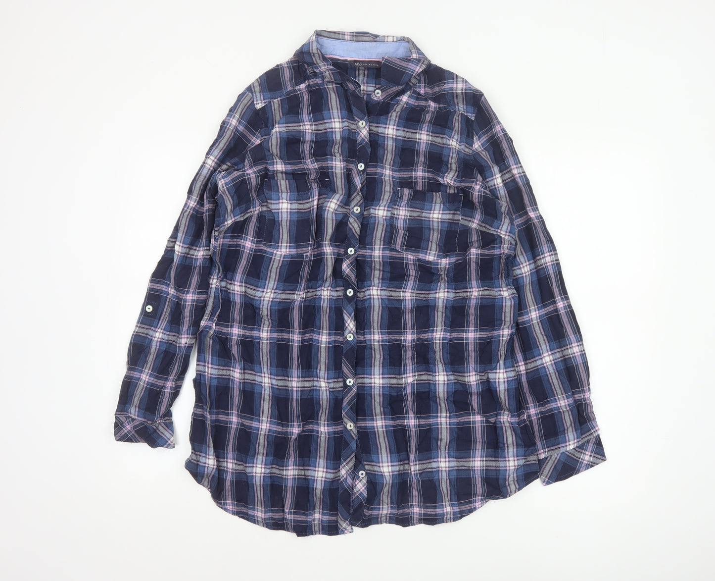 Marks and Spencer Womens Blue Check Cotton Long Sleeve Button-Up Shirt UK 16