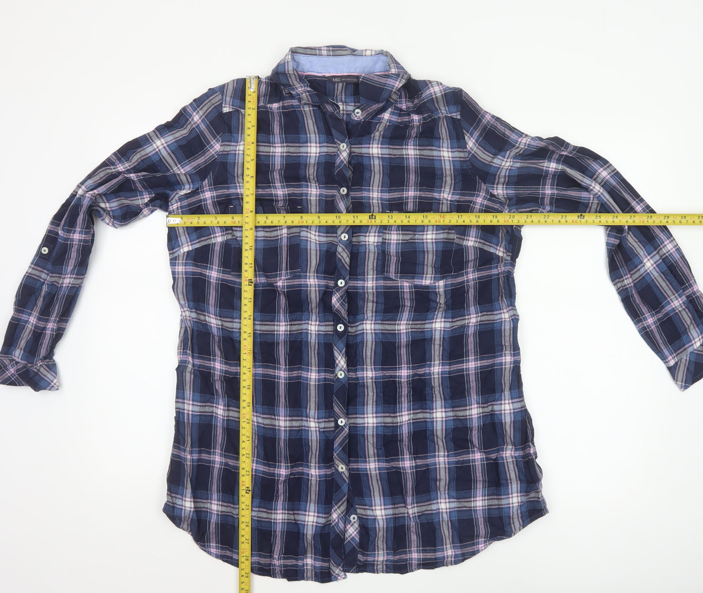 Marks and Spencer Womens Blue Check Cotton Long Sleeve Button-Up Shirt UK 16