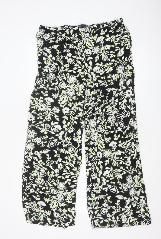 Marks and Spencer Women’s Black Floral Viscose Wide-Leg Trousers Size 16 Long