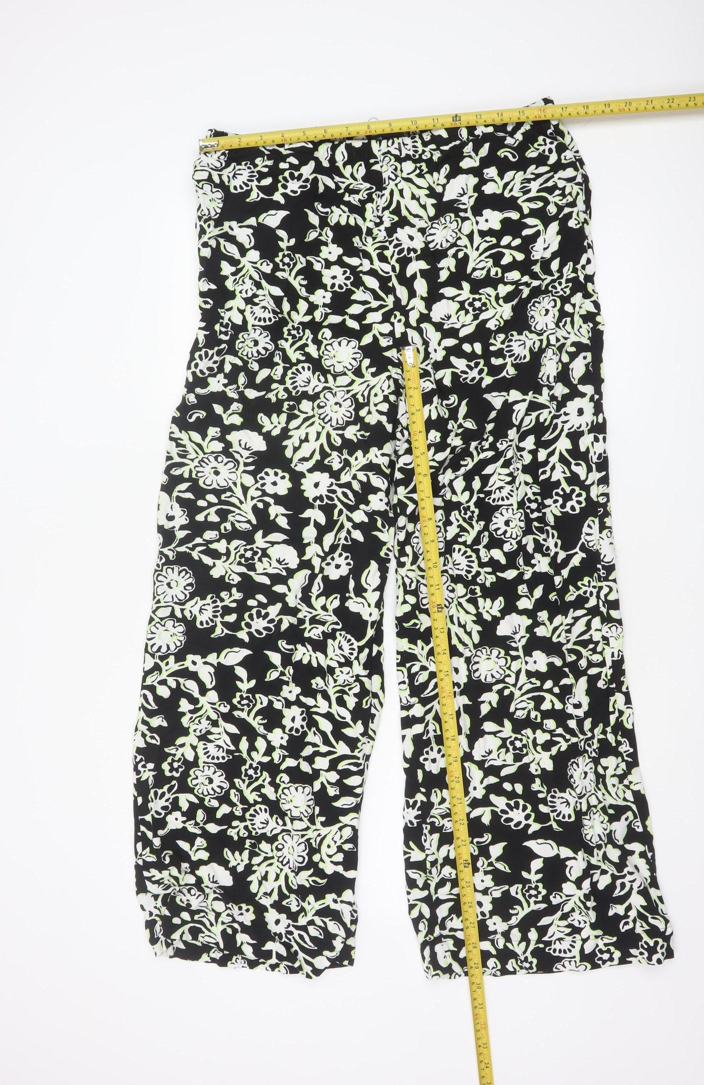 Marks and Spencer Women’s Black Floral Viscose Wide-Leg Trousers Size 16 Long